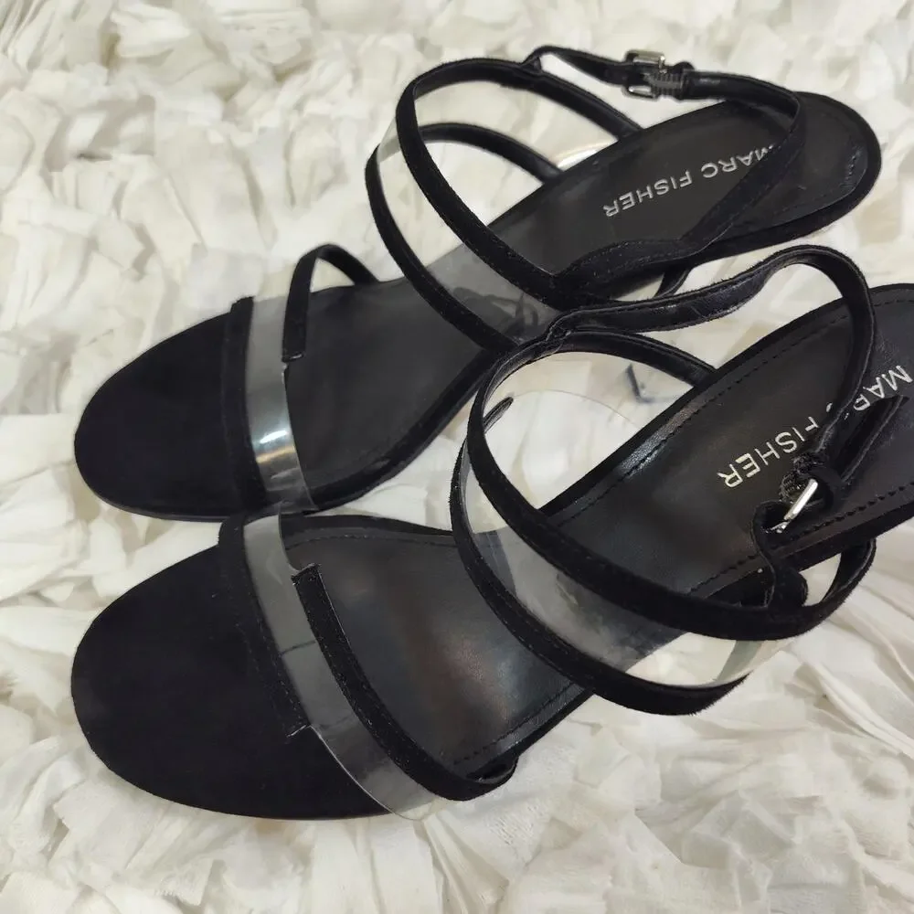Marc Fisher Shoes Womens Size 9 Black Strappy Sandals Clear Lucite Block Heel